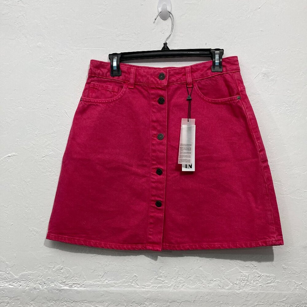 NWT Noisy May Sunny Short Denim Skater Skirt A-Line Front Button Pink Y2K L